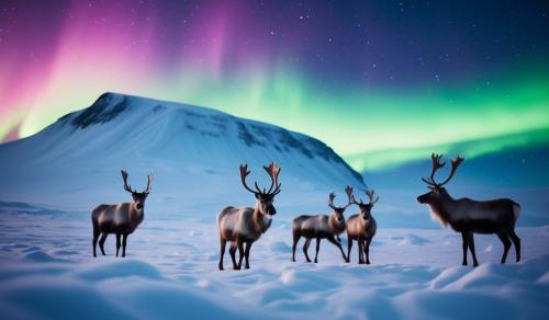 4 reindeer on mountain in Svalbard in the snow under northern lights