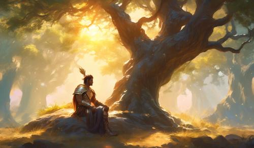 A warrior who is taking a rest from a big fight and its resting under a tree in sunshining 