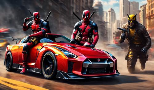 Deadpool and wolverine are riding a Nissan gtr