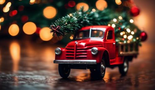 Little red truck hauling a Christmas tree