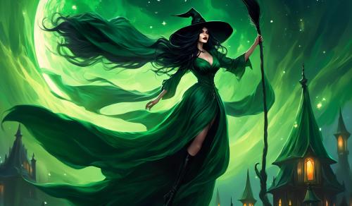 A witch with very long black hair blowing in the wind, full red lips and dark green glowing eyes, wears an unbuttoned green satin blouse dress and a witch's hat. She rides on a broom on which a black cat also sits