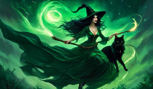 A witch with very long black hair blowing in the wind, full red lips and dark green glowing eyes, wears an unbuttoned green satin blouse dress and a witch's hat. She rides on a broom on which a black cat also sits