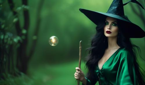 A witch with very long black hair blowing in the wind, full red lips and dark green glowing eyes, wears an unbuttoned green satin blouse dress and a witch's hat. She rides on a broom on which a black cat also sits