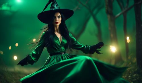 A witch with very long black hair blowing in the wind, full red lips and dark green glowing eyes, wears an unbuttoned green satin blouse dress and a witch's hat. She rides on a broom on which a black cat also sits