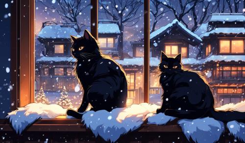 Cozy winter Window with black cat