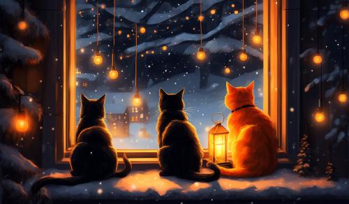 Cozy winter window with one orange cat and  one black cat, Cozy Lights 