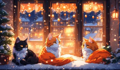 Cozy Winter window with two cats, one orange an teh other tuxedo, cozy lights