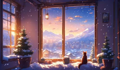 Cozy Winter window with cat, cozy light, winter Landscape, no buildings