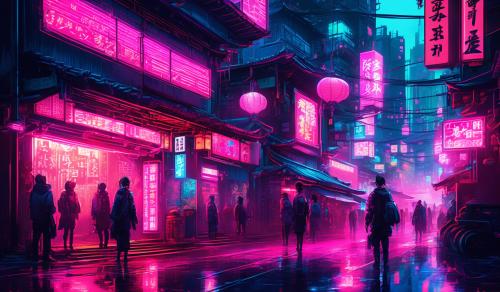 A coloful japanese style Cyberpunk city with neon lights and a glowing pink cherr