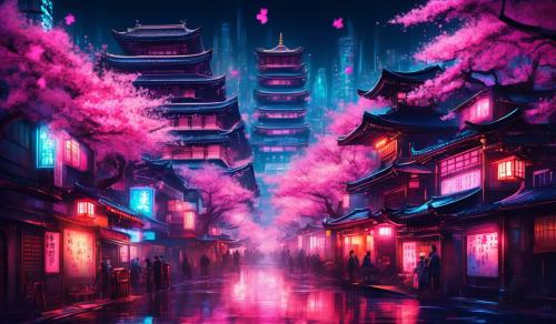 A japanese style Cyberpunk city with colorful neon and glowing pink cherry blossom trees