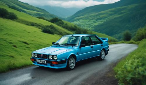 A sky blue lancia kimera evo 37 sitting on a lush green irish mountain side road