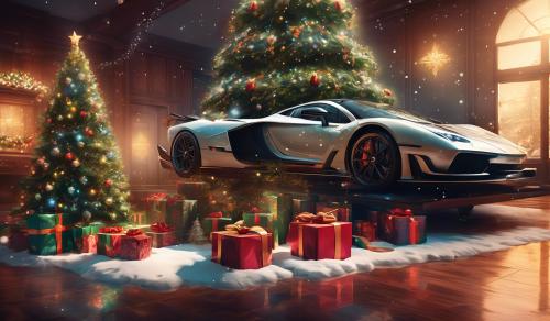 Large Christmas tree with supercars as gifts around bottom of tree