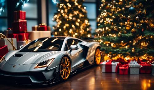 a large Christmas tree with several supercars as gifts around bottom of tree