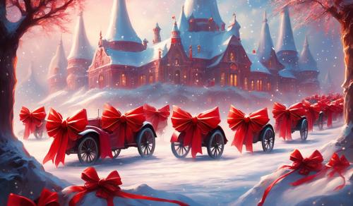 a line of Bugattis wrapped in big red bows with Christmas scene as background 