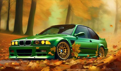 green 1997 bmw m3 with bmw spoiler riding amongst autumn leaves