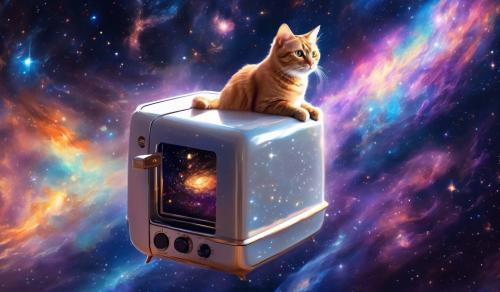 Cat riding toaster in space