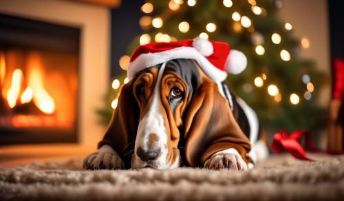 Basset Hound beside a Christmas tree and fireplace, wearing a Christmas hat