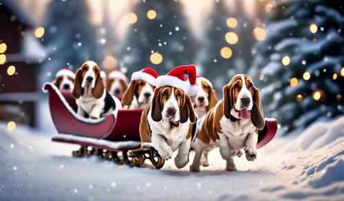 Basset hounds pulling Santa's sleigh at Christmas