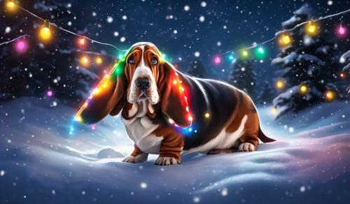 Basset Hound wrapped in Christmas light at night in the snow