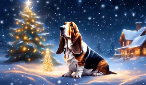 Basset Hound wrapped in Christmas light at night in the snow