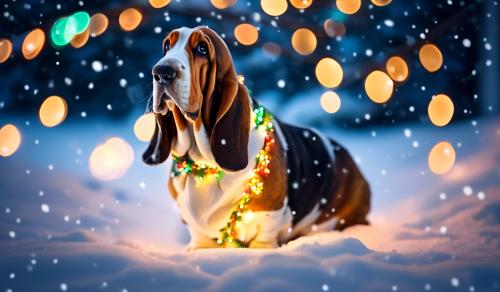 Basset Hound wrapped in Christmas light at night in the snow