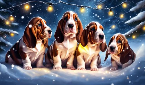 Basset Hound puppies wrapped in Christmas light at night in the snow