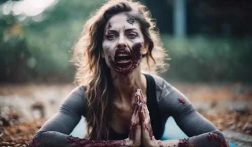 Zombie woman biting lip yoga