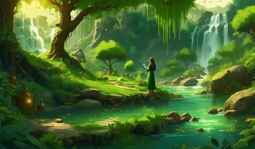 A green witch scene., based on wicca cult or religion. sun, nature like trees and plants, farm animals, are the centre of the scene, in on other side of the image is a waterfall and it could be seen near the river a middle age girl under a tree with her ipad in hand, she is painting...she is happy and serene.