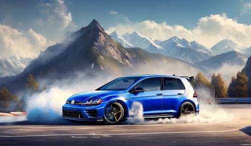 VW Golf R 20th Anniversary doing donuts in a parking lot with mountains as a backdrop