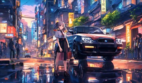 Anime girl next to car in city 4k ultra ha xbox home wallpaper 