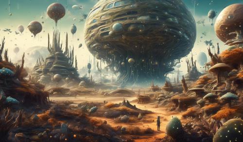 Unique, creative and imaginative detailed alien landscape of a constantly shifting and changing higher dimension populated by its own forms of humanoids, animals, plants and insects