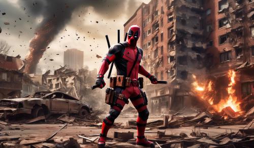 Deadpool fighting agent 47 with destroyed Buildings around 