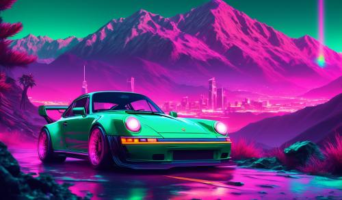 a very realistic porche 9 11 make the car green and make the backround a road with rocky green mountains