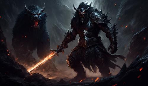 A dark aggrevated warrior with a dark atmosphere slaying a monster