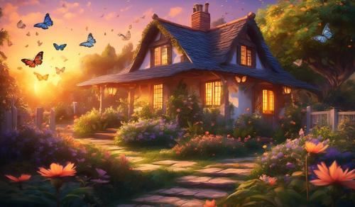 cozy cottage at sunset surrounded by beautiful gardens with butterflies