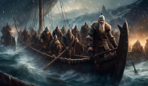 Vikings on a longboat preparing to do a night raid on a monastery, steel Battle axes and swords, oak shields scared up from the many battles, bearded viking warriors in their leather and wolf furs, tattoos and scars, looking war ready and the killer look in their eyes