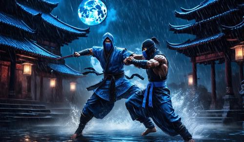 A Mortal Kombat type ninja fighting in the rain at a dark temple with a big blue moon lightimg the stage. He is muscular barecested handsome and angry after losing round one. He gets ready for round two with bleeding wounds from his previou round