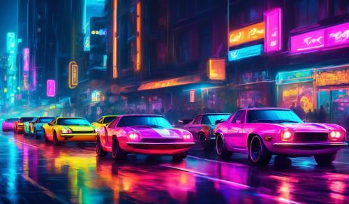 cars in a lineup in neon city except the cars