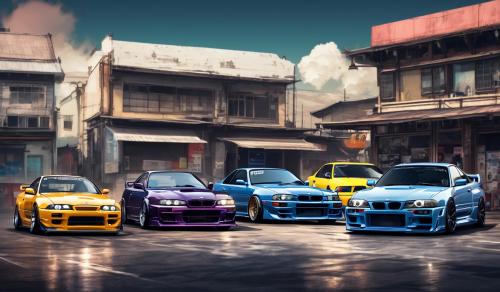 mrk5 supra bmw m5 comp nissan r34 skyline infiniti q60 honda 2000 rx7 subaru wrx sti in a line up in a retro area