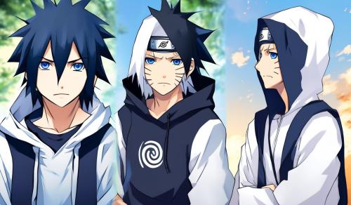 Create an image of a male character inspired by the Naruto universe. He has the same facial features and physique as Minato Namikaze but with the following alterations:Hair: Short, messy black hair that retains a spiky look similar to Minato’s.Eyes: Darkish blue eyes, giving him a serious yet thoughtful expression.Outfit: He wears a white t-shirt underneath a hooded jacket, similar in style to Eren Yeager’s outfit from Attack on Titan. The jacket is a dark, weathered color, with the hood pulled down.Accessories: He has a ninja headband tied around his forehead, with the Konoha symbol prominently displayed.Uzumaki Clan Symbol: The back of his shirt features the Uzumaki Clan's spiral symbol, standing out in red or white against the dark hoodie.Pose/Expression: The character should appear confident yet calm, with a hint of determination in his gaze, as if he's ready for any challenge that comes his way.Make sure to capture the balance between the modern casual style of the outfit and the ninja-inspired elements that tie him to the Naruto world.