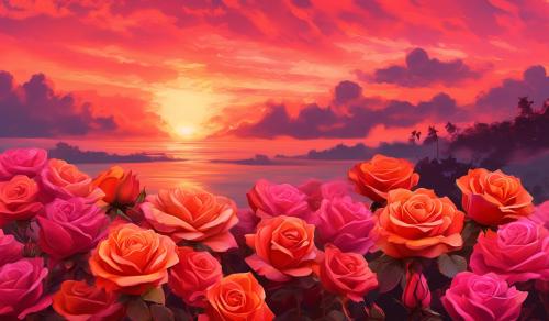 Red and pink roses, orange sunset