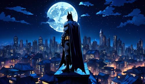 Batman at night on a roof above the city with a full moon in the background