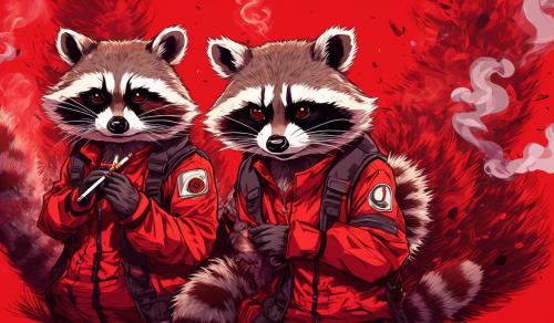 racoon with red background smoking 