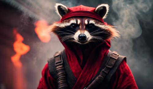 a red racoon ninja with a menacing look with smoke in the background