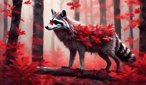 A racoon wolf hybrid in a forest with red and white leaves