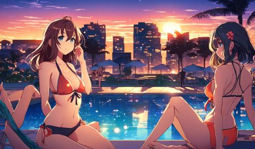 Waifus in bikinis watching the sunset at the pool