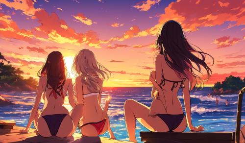 Waifus in bikinis watching the sunset