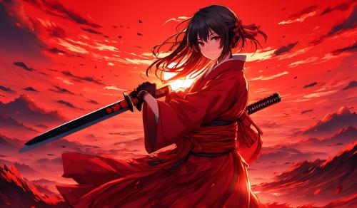 girl with a katana in a red sun background