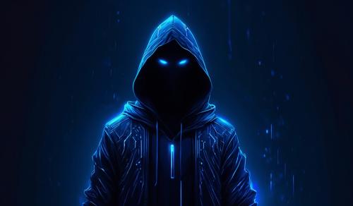 Neon dark blue futuristic hooded figure in all black