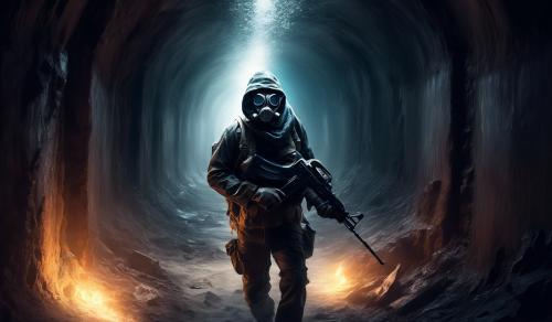 Man with gas mask and ak47 in a dark broken tunnel, about to be attacked